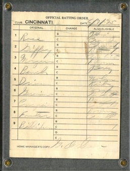 Lot of (2) Cincinnati Reds Lineup Cards (1975 & 1988) (Rose, Morgan, Bench, etc)